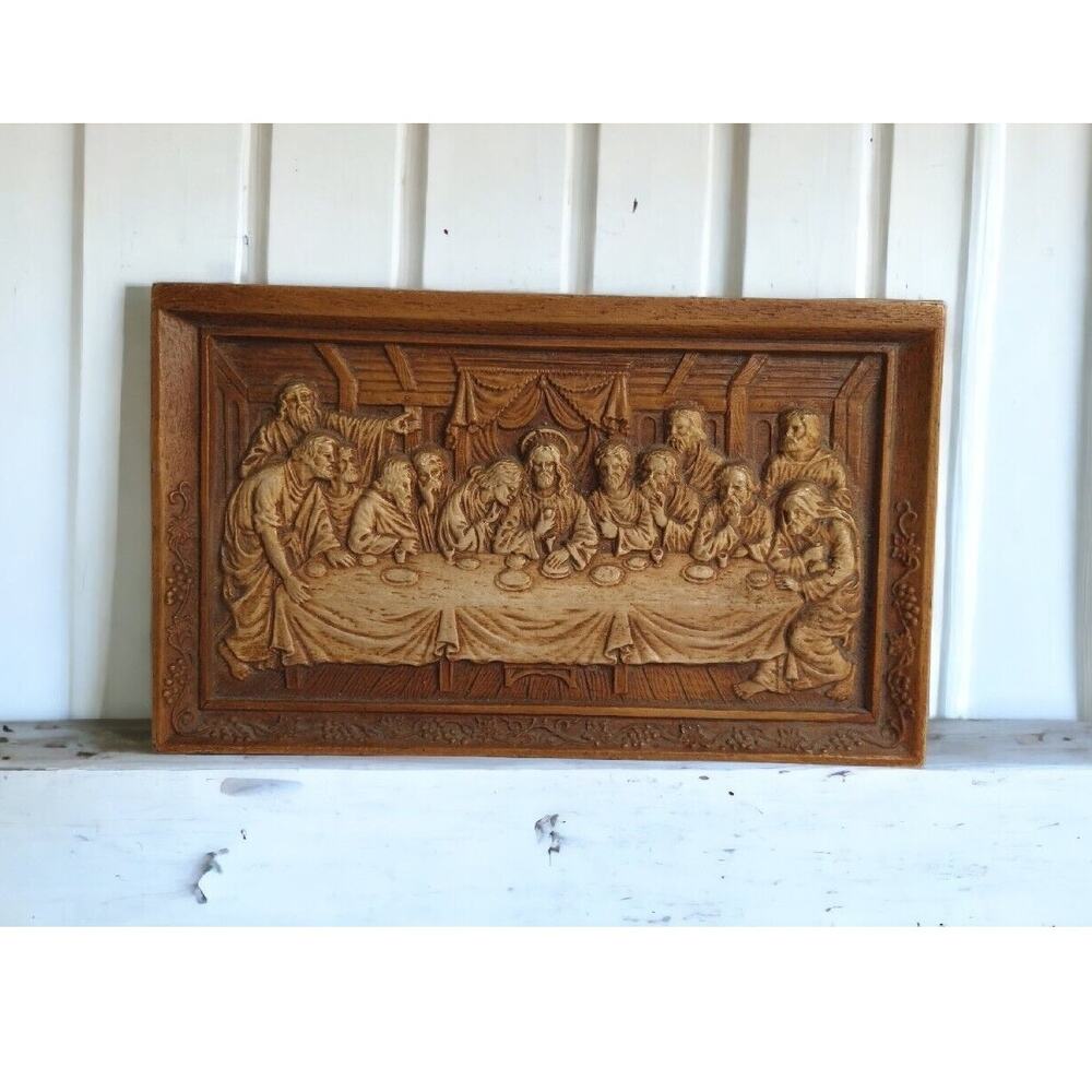 Vintage MCM Last Supper 3D Wall Hanging Faux Wood Plastic Plaque USA 10" x 6"